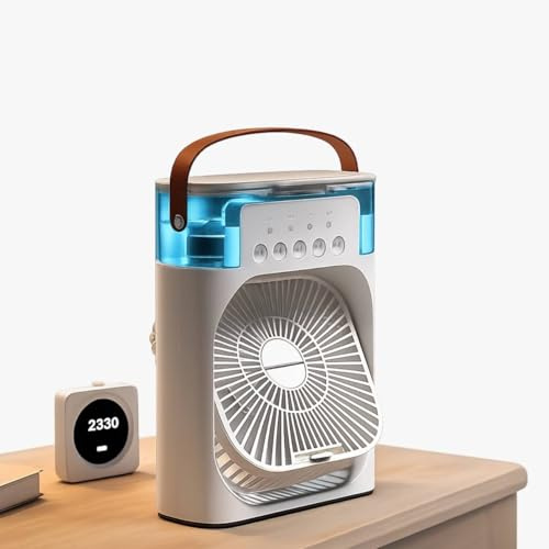 Portable Air Cooler Fan with 5 Spray Nozzles, 3 Speeds, 3 Timers, 7-Colour LED Light, USB Personal Mini Evaporative Cooler for Desk & Room (White)