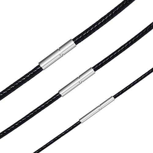 VLLHORN Leather Cord Necklace 3pcs 1/2/3mm Black Brown Red Braided Wax Rope Chain for Men Women with Stainless Steel Clasp 16 18 20 22 24 26 28 inches