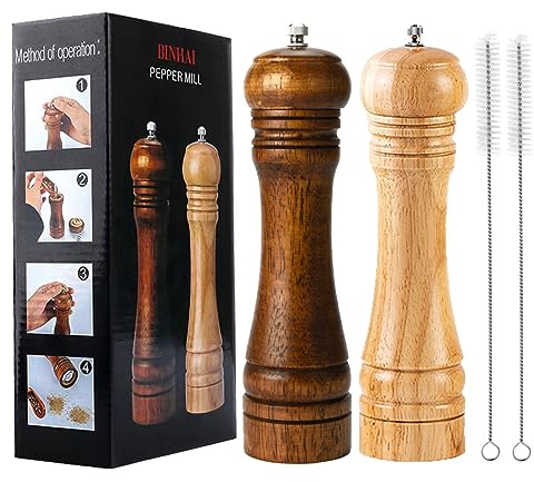 BINHAI Molinos de Pimienta, Molinillo de Pimienta, Molinillo de Sal y Pimienta, de Madera Maciza con Molinillo de cerámica Ajustable Fuerte 8 Pulgadas
