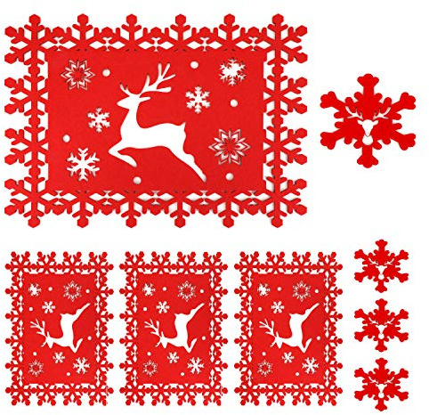 HOWAF Tischset Weihnachten Platzset abwaschbar aus Filz 8er Set, Rot Rentier Motiv Tischuntersetzer, 4 Platzdeckchen Weihnachten 34x26cm + 4 Filzuntersetzer für Weihnachts Tischdeko Weihnachten