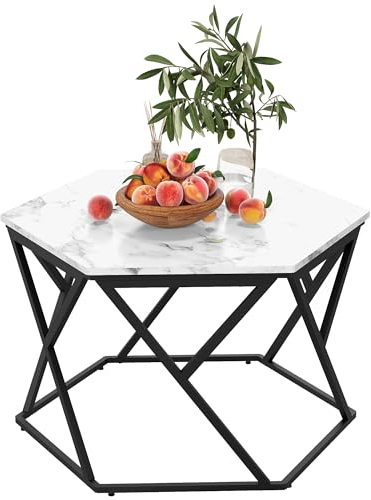 HOMCOM Hexagonal Coffee Table with High Gloss Marble Effect Table Top, Modern Cocktail Table with Steel Frame for Living Room, White
