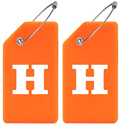 Gostwo 2 Pack Silicone Luggage Tags for Suitcases, 26 Initial Letter Baggage Labels Handbag School Bag Suitcase Instrument Tag with Stainless Steel Loop(Orange)(Letter H)