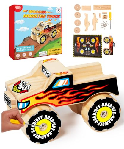 Little Jupiter DIY Wooden Kits w/Stickers - Kids Building Kit - Stem Toys for Ages 4-7 - Wood Crafts for Kids - Woodworking Kits (Monster Truck 1)