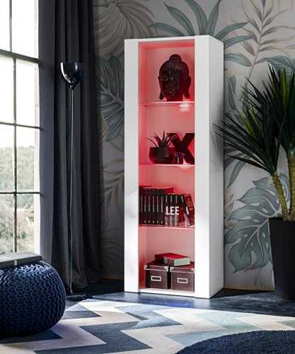 Komodee, Vitrine Schrank Tivoli, Weiß/Weiß, Breite 55cm x Höhe 159cm x Tiefe 35cm, LED RGB, 3 Regalböden, Glassvitrine für Wohnzimmer, Schlafzimmer, Eingang