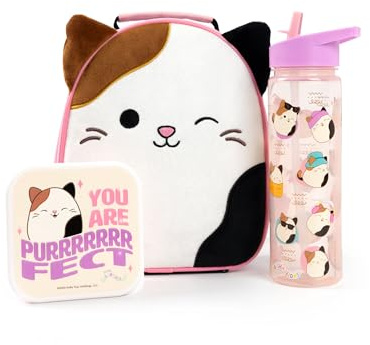 Squishmallows Lunchtaschen-Set für Mädchen | 3-teiliges Set für Kinder mit flauschiger Esstasche, Wasserflasche und Snacktopf | Kinder-Plüschtasche „Cam the Cat“ mit Reißverschluss und 3D-Ohren