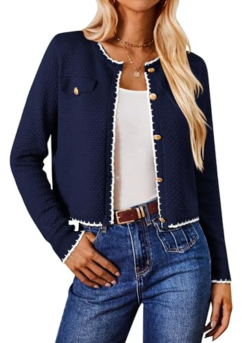 Women’s Black Cardigans Cropped Sweater Open Front Lightweight Knit Cardigans for Casual Dinner Evening Party Dark Blue L