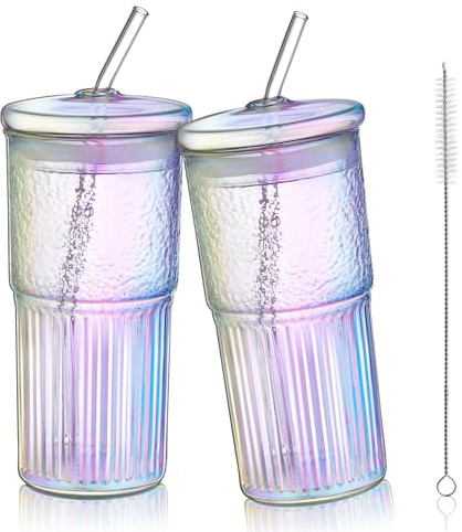 Joeyan Dryckesbägare på 650 ml, regnbågsfärgad, med lock och sugrör, i set om 2 färgade ribbade dricksflaskor för smoothie och kallbryggt te, skimrande longdrinkglas/iskaffeglas, diskmaskinssäkert