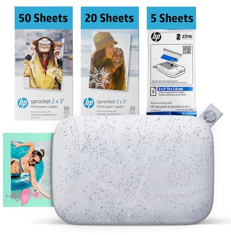 HP Sprocket 2x3 Instant Smartphone Photo Printer 75 Sheets Bundle - Bluetooth Portable Color Wireless Mobile Printer (White) Zink Sticky-Back Photos