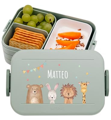 wunderwunsch MEPAL Brotdose Spülmaschinenfest Kinder, Lunchbox mit Einsatz für perfekte Ordnung, Spülmaschine, Mikrowellengeeignet, personalisiert mit niedlichem Motiv (Tiere Girlande, grün)