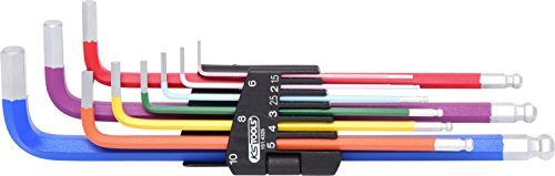 KS Tools Juego de 9 llaves Allen acodadas con cabeza de bola, para tornillos de difícil acceso, con código de color, cromado mate, en soporte plegable estable