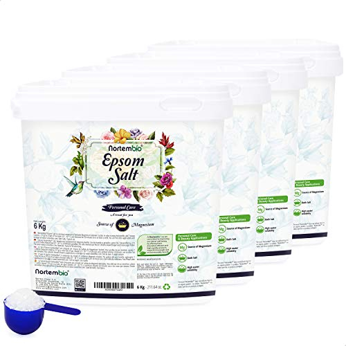Nortembio Sales de Epsom 100% Pura 4 x 6 kg – Fuente Concentrada de Magnesio | Para Pieles Sensibles | Con Vitamina C y E Hidratante | Sin Aditivos, Uso Externo Natural + E-Book Gratis