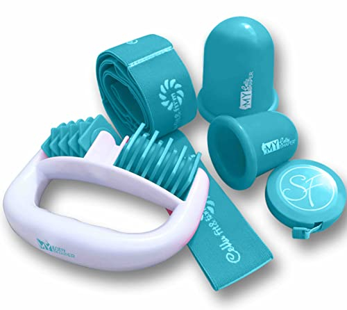 Stephanie Franck Beauty - Cellulite Massagegeräte Set N°3 - mit 1 Massageroller My Body Shaper, 2 Silikon Schröpfgläser My Cellu Shaper (5,5cm + 7cm) + 1 Yoga Band - für eine straffe Haut (türkis)