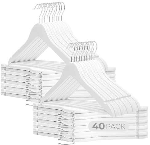 TODO HOGAR 40 Perchas de Madera Blancas con Barra, Muescas y Gancho de Acero Giratorio 360 para Pantalones, Vestidos, Camisas, Chaquetas, Abrigos - Comprar Perchas Blancas, Nogal y Natural?