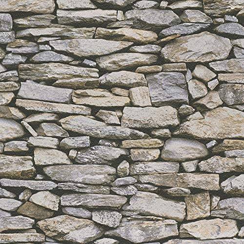 Papier peint pierre trompe l'oeil 95820-2 | Papier peint gris et beige rustique chic | Papier peint pas cher salon & salle à manger