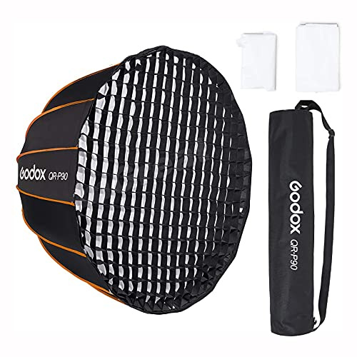 GODOX QR-P90 35,4 pouces/90CM Softbox Bowens Mount, Softbox parabolique à dégagement rapide, avec diffuseur avant et intérieur SL-60W AD600BM VL150 UL150 SL150II Amaran 100X 200D 200X avec grille