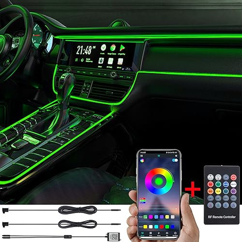 TABEN Kit de luz ambiental para automóvil 3m Fibra óptica 64 colores Controlador remoto RF + Control de aplicación RGB Sonido multicolor Sincronización de música USB Car Interior Atmósfera Iluminación