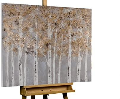 KunstLoft Leinwandbild | 100% HANDGEMALT | 100x75cm | Gemälde 'Gold of Birches' | Wald & Bäume | Grau | Wandbild Wohnzimmer