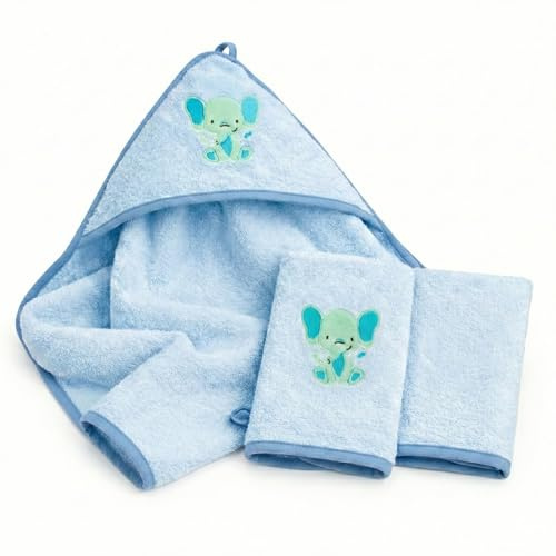 Babykajo Set Accappatoio per Neonati con 2 Guanti da Bagno in Oeko-Tex Standard 100 Certificato, Asciugamano con Cappuccio in Morbida Spugna, Primo Asciugamano con Cappuccio per Bambini 80x80 cm