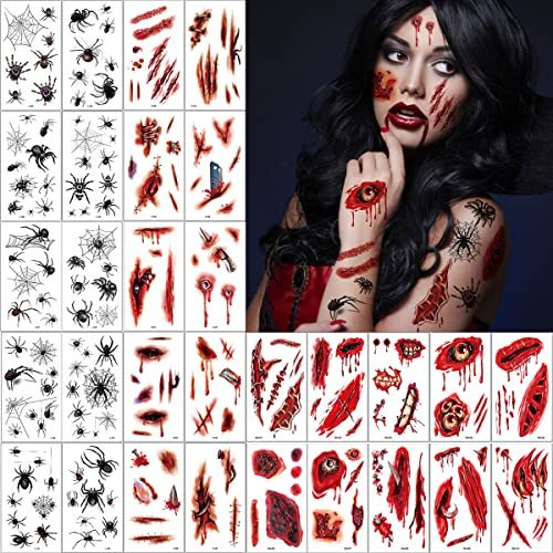 30 Blatt Halloween Tattoo, Realistisch Wirkende Spinne und Narben Wunden Temporäres Tattoo, Schaurig Blutige Zombie Vampir Tattoo für Cosplay Party Dekoration Kinder Erwachsener Makeup
