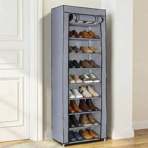 Rainberg 10 Tier Shoes Rack with Dustproof Cover, Shoe Storage Cabinet, Shoe Organizer, Easy to Assemble, Hold up to 25-30 Pairs (H 158cm x W 58cm x D 30cm) (Grey)