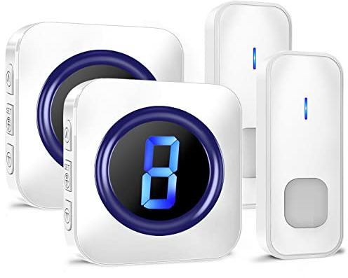 SURFOU Campanello senza fili, portata 400 m, campanello per porta, IP55 per esterni, impermeabile, kit campanello, con 2 ricevitori, 55 melodie, 5 livelli di volume, LED display numerico, bianco