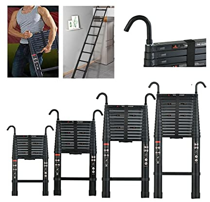 Teleskopleiter 5m Aluminum Ausziehbare Leiter mit Abnehmbarem Haken Anti-Rutsch Mehrzweckleiter Ausziehbar Tragbare Leiter für Loft/Kletterdach/Indoor Outdoor Arbeiten (Schwarz)