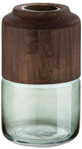 GILDE Deko Vase Glasvase - aus Glas und Holz - Deko Herbst Wohnzimmer Geschenk für Frauen - Farben: braun grün - Höhe 28 cm