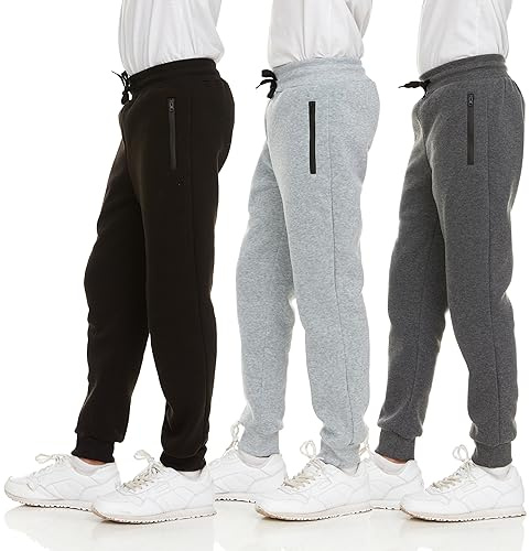 PURE CHAMP 3Pk Boys Sweatpants Fleece Athletic Workout Kids Clothes Boys Joggers with Zipper Pocket and Drawstring Size 4-20 (SET1 Size 10/12)