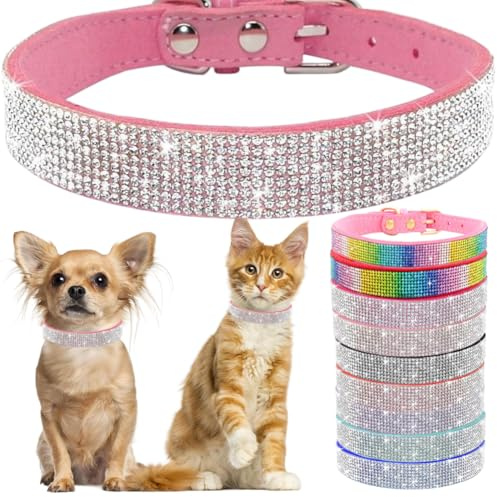 Bling Puppy Hundehalsband und Leine, Set mit Strasssteinen, Katzenhalsband, Leder, Glitzer, Diamant, Haustierhalsband, verstellbar, für Mädchen, Frauen, Damen, XXS, S, M, Rosa