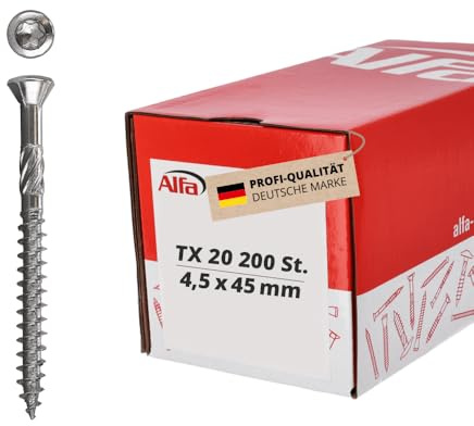 200x Alfa Fassadenschraube 4,5 mm x 45 mm – Aus Edelstahl mit Linsenkopf | Profi-Qualität - Für Terrassen und Fassaden - Spanfreies versenken dank Zierkopf - Erhöhtes Bruchdrehmoment