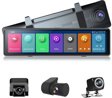 Telecamera di Backup Dash Cam a Specchio, Supporto per Specchietto Retrovisore Touch Screen da 10 Pollici per Android Auto, Monitor di Parcheggio Controllo APP Sensore G