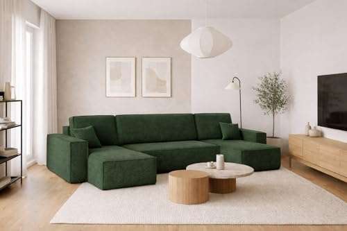 Kaiser Möbel, Ecksofa mit schlaffunktion, mit Bettkasten, Schlafsofa Best, Designer U-Form Sofa, Modern Design Couch, Polsterecke, Freistehend -Dicker Cord, Grün