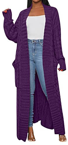 DABAOK Cardigan lungo leopardato per le donne aperto davanti moda sciolto elegante maglione caldo tasca manica lunga spolverini per le donne, Viola, S
