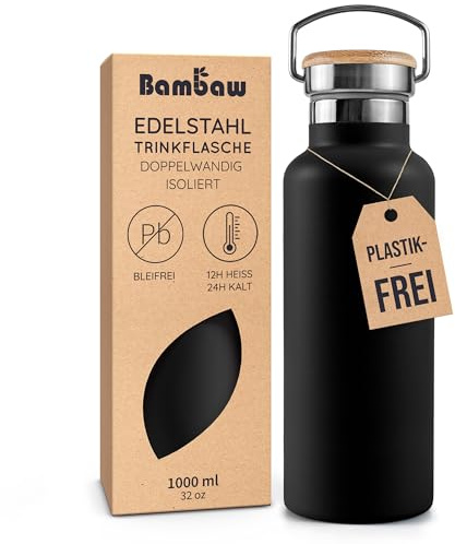 Bambaw Trinkflasche Edelstahl 1l, Isolierte Trinkflasche, Thermosflasche 1l Edelstahl, Doppelwandig für Heiß- und Kaltgetränke, Leicht zu Reinigen, Ideal für Reisen (Tiefschwarz)