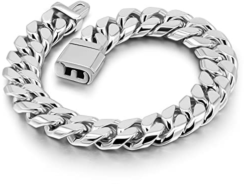 Dankadi Bracelet Cubain Massif Largeur 12MM en 925 Argent pour Homme, 7-10 Chaîne à Maille Cubaine Grosse Gourmette Maillons Rock Punk Hip Pop Miami Cadeau Bijoux Fête (8, Style Fashion)