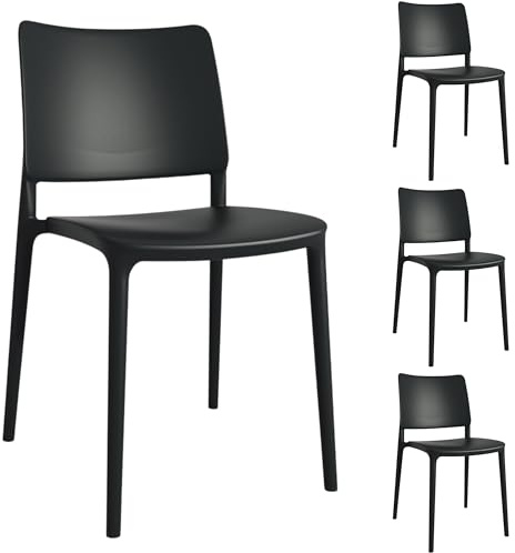 PAPATYA Joy-S 4er-Set Designer- Kunststoffstuhl, 200 kg belastbar, Leichter stapelbar Gartenstuhl, wetterfester Balkonstuhl, Terrassenstuhl, Hotelstühle, Restaurantstühle, Stapelstuhl (Schwarz)