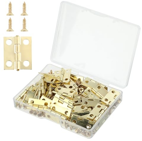 Bremorou Small Brass Hinges 50 Pcs with 7mm Screws for Wooden Box, Mini Hinges for Crafts, Jewelry Box, Cabinet, Drawer