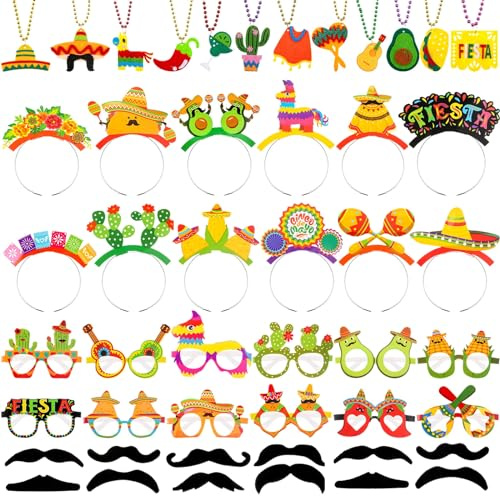Feifeiya 96 Pcs Cinco De Mayo Fiesta Party Favors Mexican Themed Party Decorations Paper Eyeglass Sombrero Headband Bead Necklace Fake Beard Photo Prop Accessories for Mexican Fiesta Carnival Party