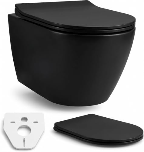BADLAND Hänge WC SPÜLRANDLOS Schwarz mit Softclose WC Sitz, Wand WC Rimless aus Sanitärkeramik, Abnehmbarer Toilettensitz mit Quick Release, Hängendes WC für Unterputz-Spülkasten