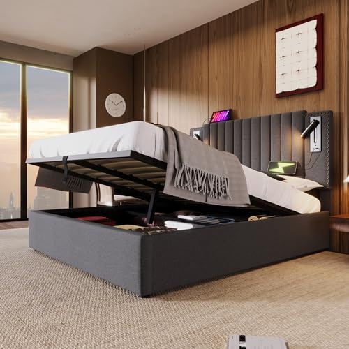 Kayan Polsterbett 160x200cm, Boxspringbett mit hydraulisches Bettkasten, Bett mit Lattenrost, Leselicht mit USB Ladefunktion Kopfteil, Stauraumbett Doppelbett Jugendbett (Grau, 160x200cm)