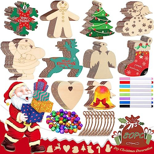 NEMMXUB 248Stück Holz Deko zum Aufhängen,10 Arten DIY Basteln Holzanhänger Dekohänger zum Bemalen mit 80 Fäden,80 Glöckchen, Acrylstifte für Weihnachtsschmuck Weihnachtsanhänger Baum Geschenkanhänger