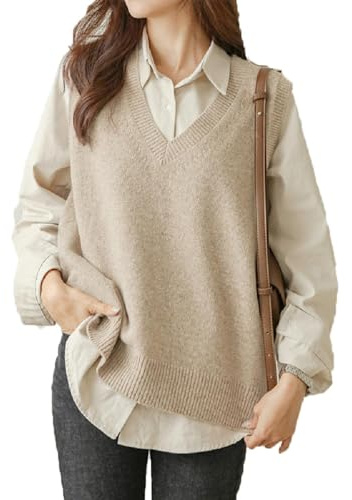 Femmes Pulls Gilets Tricoté sans Manches À Col en V Oversize Pull Chaud Classique Ribbed Pull-Over Tops Hauts Débardeurs Chandail Automne Hiver Bureau Chandail Tricoté Gilets sans Manches Pulls