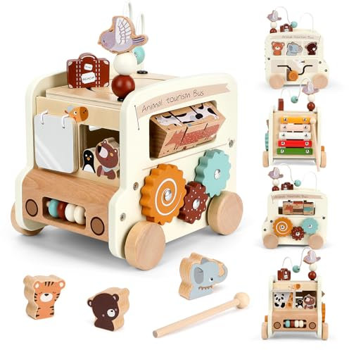 Taloit Motorikwürfel Holzspielzeug Motorikschleife für Ab 1 Jahr Montessori 9-In-1 Baby Puzzle Spielzeug Bus Motorikwürfel Baby Little Dutch Würfel Holz Aktivitätswürfel Cube (Weiß)