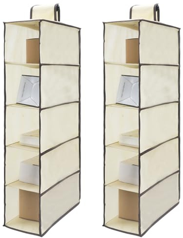 Minnhua 2 Pièces Rangement Suspendu, Compactor avec 5 Compartiments, Organisateur Armoire Vetement, Étagère Suspendue Pliable pour Placard, Armoire, Portant, Organisateur Suspendu (Beige)