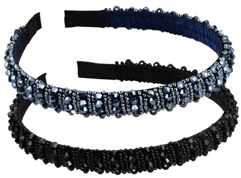 Amexo 2 Stück Haarreif für Damen mit Kristallperlen Elegant Stirnband Blau Haarreif für Braut Wulst Kette Haarschmuck Haarreifen für Damen Mädchen