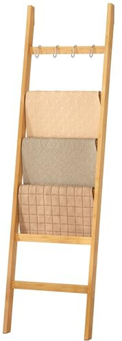 Yorbay Handtuchleiter Bambus, 6 Sprossen, Kleiderleiter mit 2 Sturzsicherheitsriemen und 4 Haken, Handtuchhalter Leiter für Dekoratives Badezimmer, Leiter Deko HxB 170 x 43 cm (Bambus)