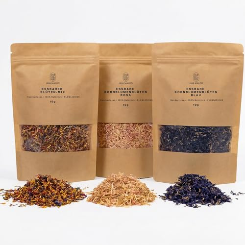 HUA MALOO Blüten Bundle Blüten-Mix und Kornblumen Blau & Rosa – Getrocknete Blüten für Tee, Desserts & Deko | Perfekt für Cupcakes, Salate & Torten