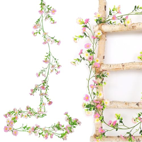 XoeLLe Künstliche Gänseblümchen Blumengirlande, Kunstblumen Hängende Gänseblümchen Girlande mit Grünen Blättern, 2,1m Kunstblumen Seidenblumen Deko, für Hausgarten Hochzeit Dekorationen Party (Rosa)