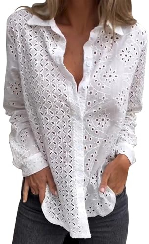 Blusa de manga larga con bordado de encaje para mujer, blusa de manga larga con bordado de encaje hueco para mujer, camisa de moda para otoño, blanco, 5XL