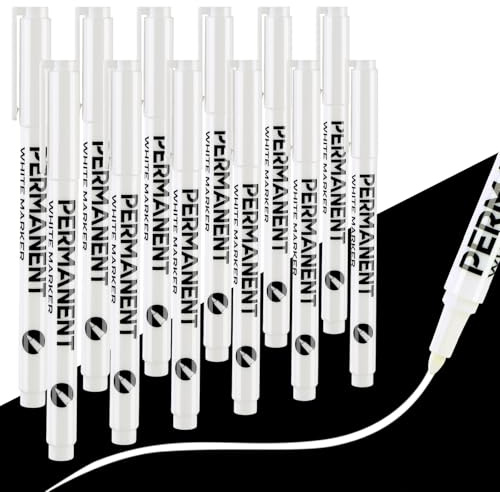 XIMISHOP 12PCS White Permanent Marker Pens，Fine Tip Quick Dry White Fabric Marker Pens 2mm Waterproof Permanent Marker Pen Set for Clothes Rock Painting Ceramic Glass Doodling Stones